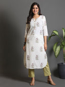White Block-Printed Cotton Kurta with Sequin Work