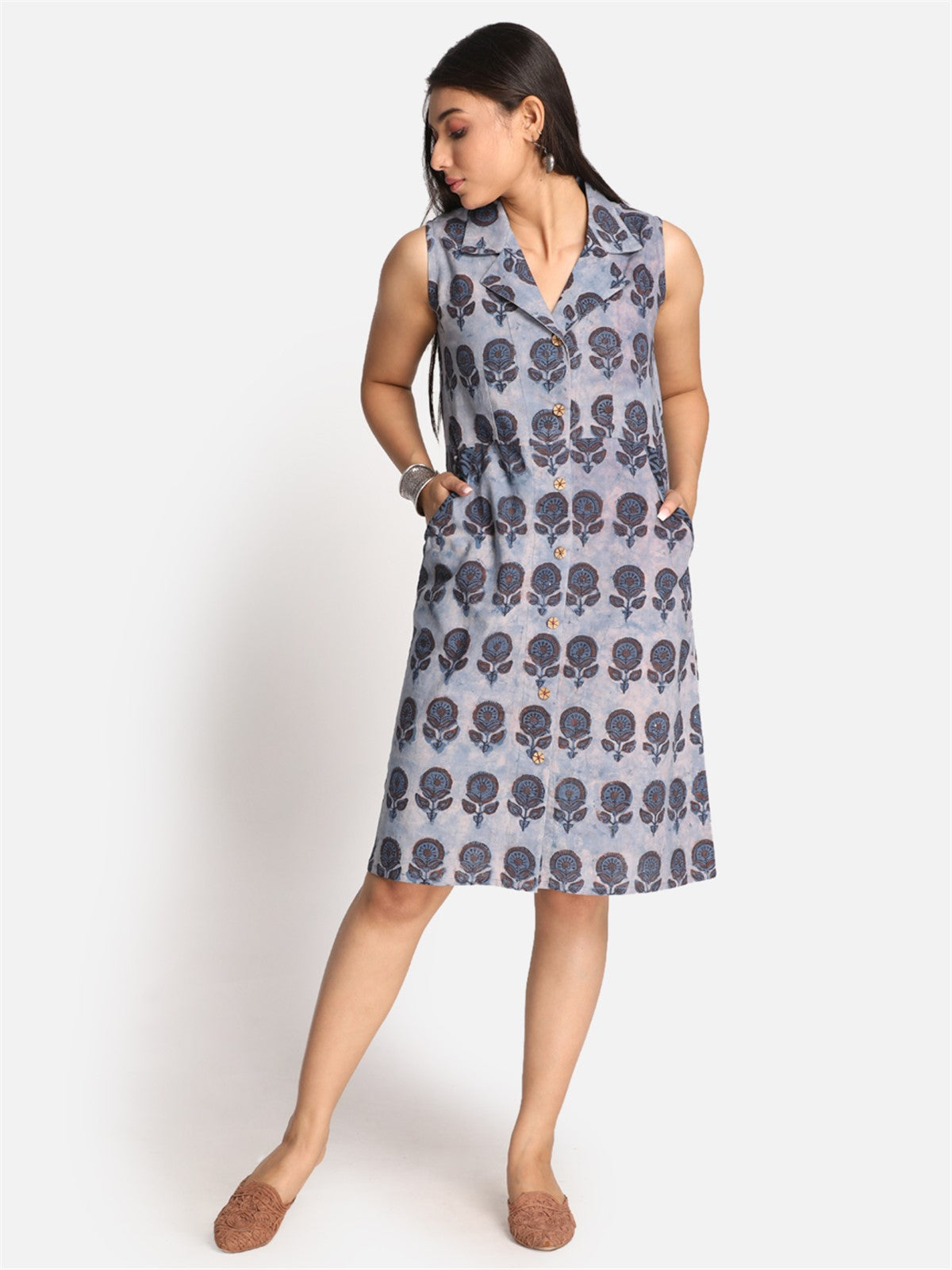 Blue Ajrakh Shirt Collar Sleeveless Dress