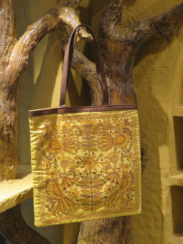 Beige Handcrafted Kantha Embroidery Cotton & Leather Tote Bag