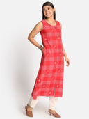 Red Checks A Line Sleeveless Kurta with Hand Embroidery Detailing