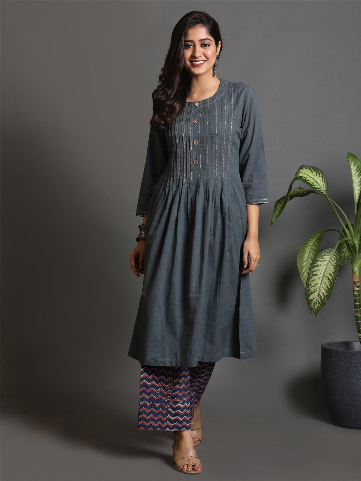 Grey Pleated Kurta With Kantha Hand Embroidery
