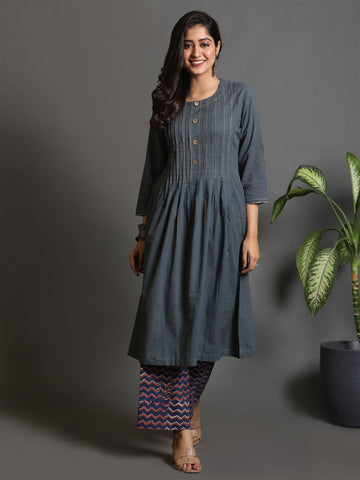 Grey Pleated Kurta With Kantha Hand Embroidery