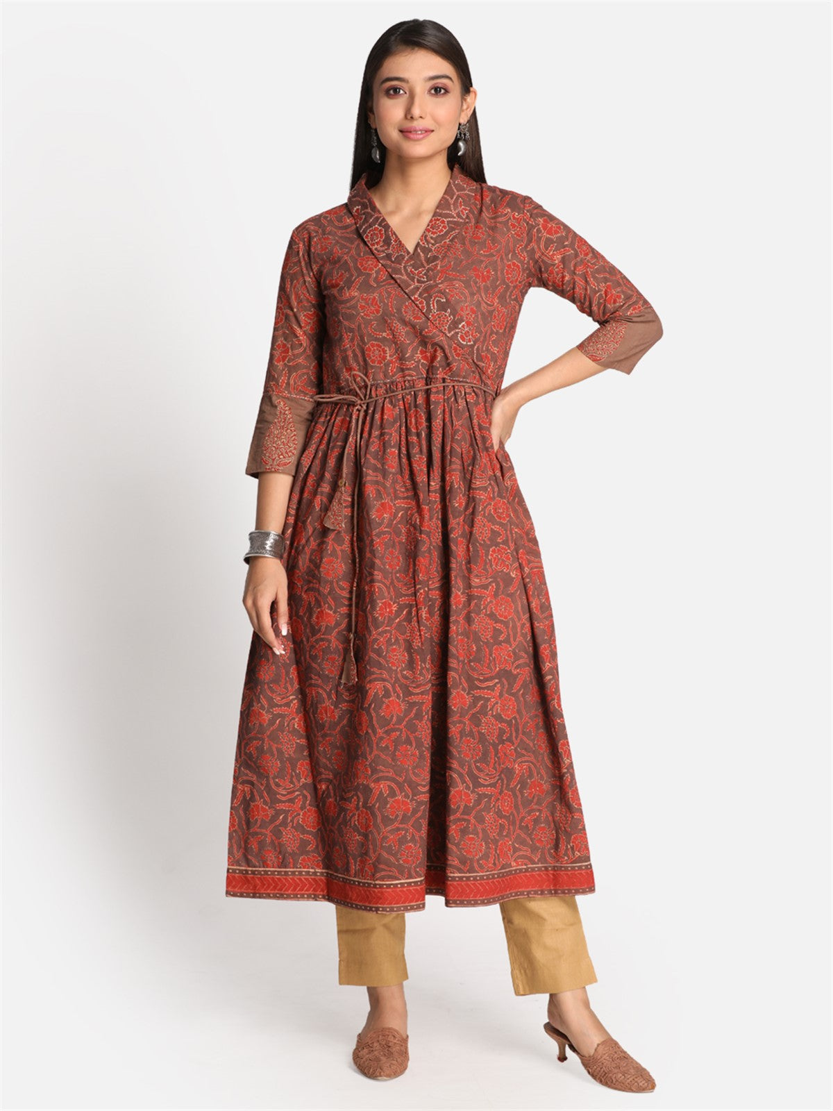 Rust Cotton Printed Ajrakh A-Line Dress With Kantha Hand Embroidery Detailing On Neck