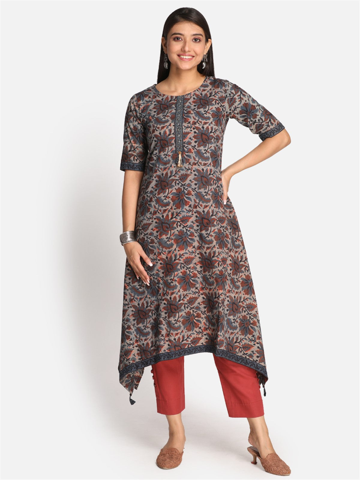 Indigo Cotton Printed Ajrakh Asymmetrical Kurta With Kantha Hand Embroidery And Tassels On Placket