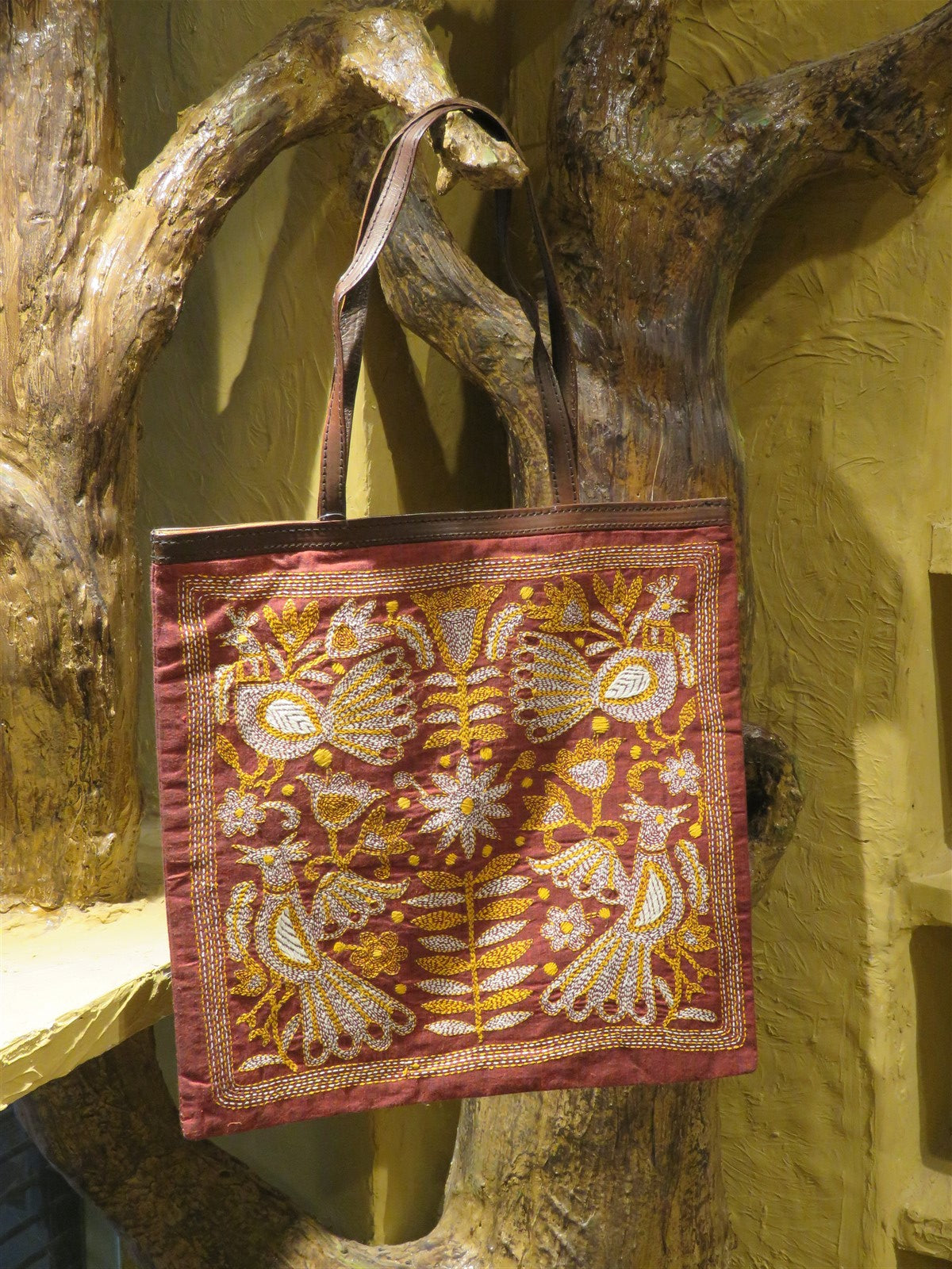 Maroon Handcrafted Kantha Embroidery Cotton & Leather Tote Bag