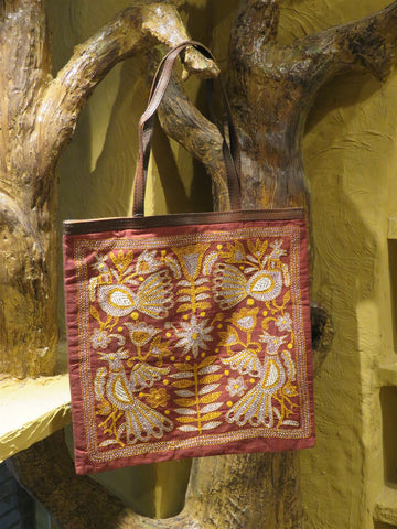 Maroon Handcrafted Kantha Embroidery Cotton & Leather Tote Bag