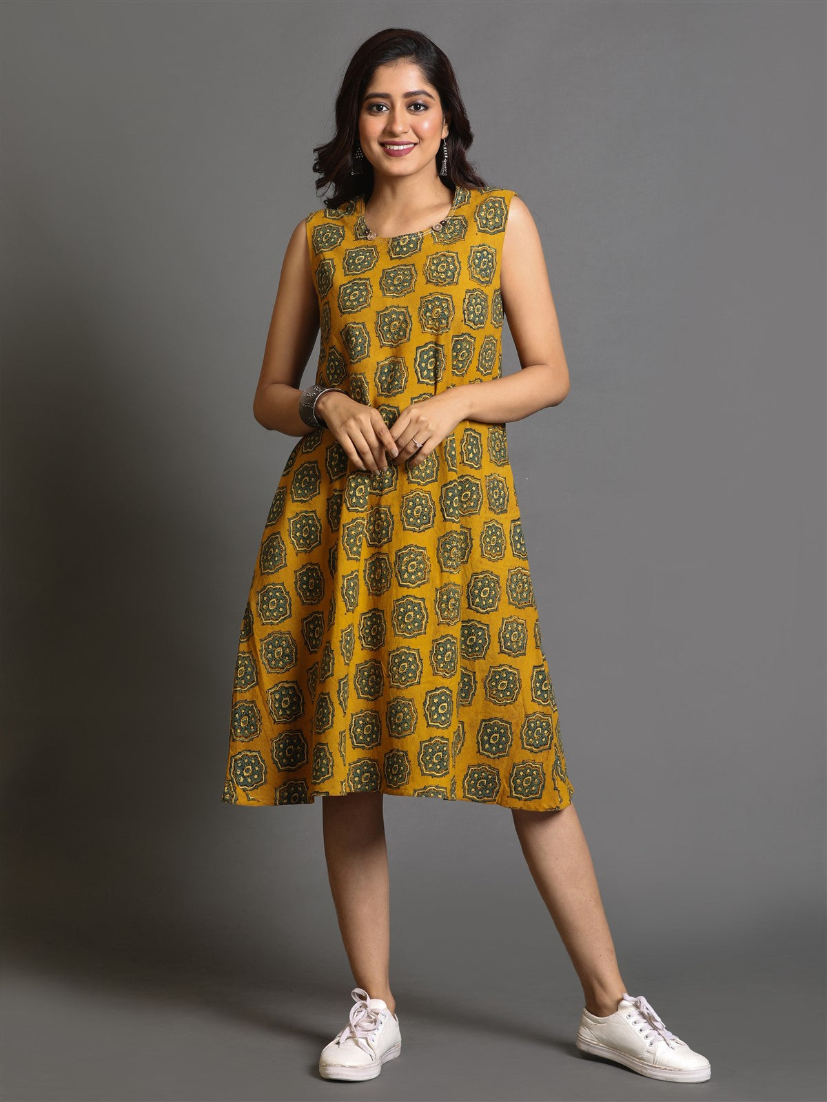 Mustard Ajrakh Block-Printed Bais Dress With Kantha Hand Embroidery Detailing