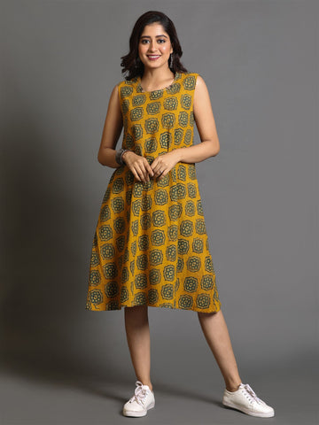 Mustard Ajrakh Block-Printed Bais Dress With Kantha Hand Embroidery Detailing