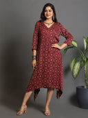 Red Ajrakh Block-Printed Modal Silk Cowl Dress