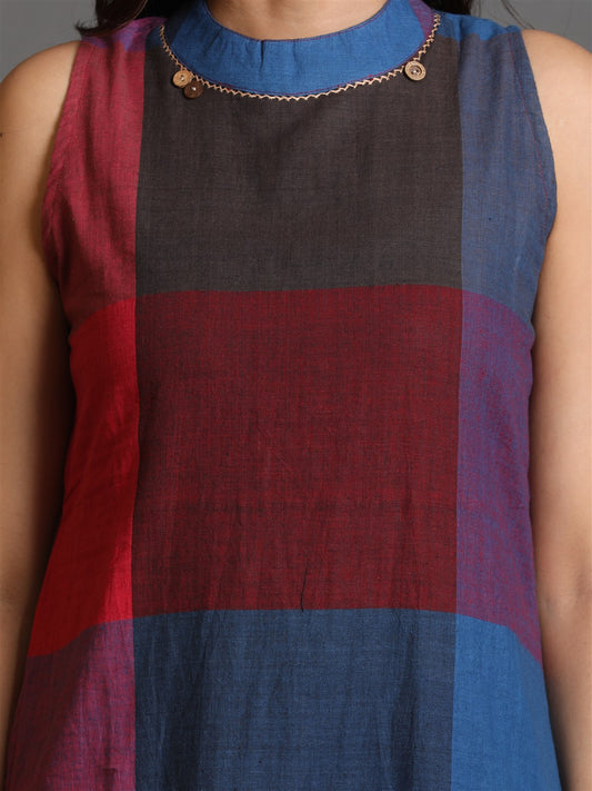 Red-Blue Khadi Halter-Neck Long Kurta With Kantha Hand Embroidery Detailing On Neck