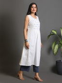 White Sleeveless Long Floral Kantha Kurta