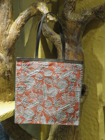 Grey Handcrafted Kantha Embroidery Cotton & Leather Tote Bag
