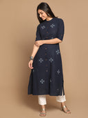 Indigo Hand Embroidered Cotton Kurta