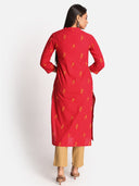 Red Hand Embroidered Cotton Straight Cut Kurta