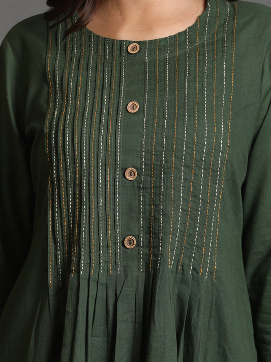 Olive Pleated Kurta With Kantha Hand Embroidery