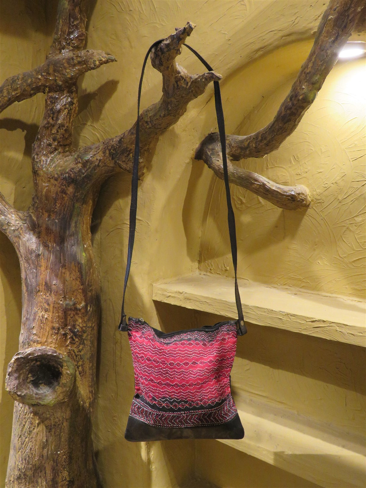 Black-Red Handcrafted Kantha Embroidery Cotton & Leather Sling Bag
