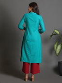 Turquoise Multicolour Checks Kali Handwoven Kurta with Hand Embroidery Butas