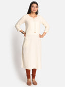 Ivory Hand Embroidered Cotton Straight Cut Kurta