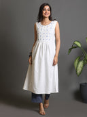 White Sleeveless Long Floral Kantha Kurta