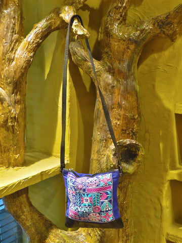 Blue Handcrafted Kantha Embroidery Cotton & Leather Sling Bag