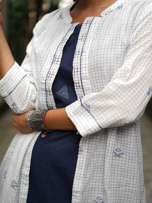 Blue Sleeveless Jamdani Jacket Style Dress With Kantha Hand Embroidery Detailing