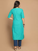 Turquoise Hand Embroidered Cotton Straight Cut Kurta