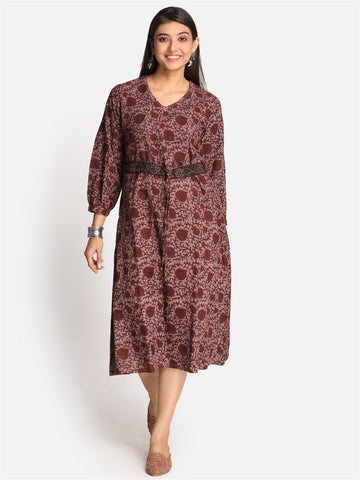 Maroon Cotton Printed Ajrakh A-Line Dress With Hand Embroidery On Belt And Neckline