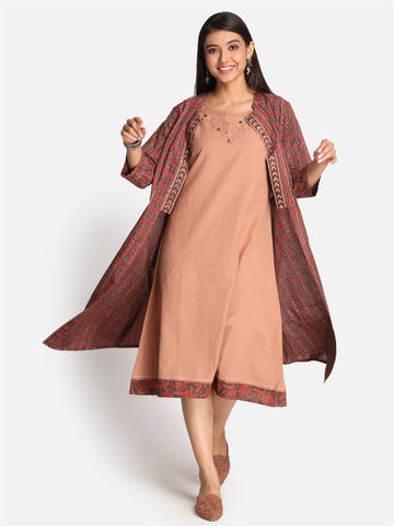 Caramel Cotton Hand Embroidered A Line Dress With Ajrakh Printed Shrug