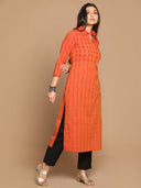 Fire Checks Hand Embroidered Cotton Shirt Collar Kurta