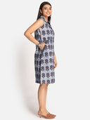 Blue Ajrakh Hand Block Printed Cotton Sleeveless Dress