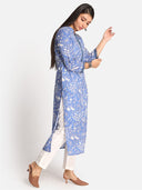 Blue Printed Cotton Kurta with Hand Embroidery Detailing