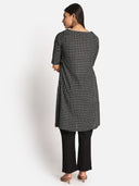 Black Checks Floral Hand Embroidered Cotton Dress
