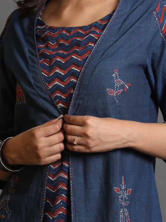 Indigo Khadi Kurta With Jacket Style All Over Kantha Hand Embroidery Detailing