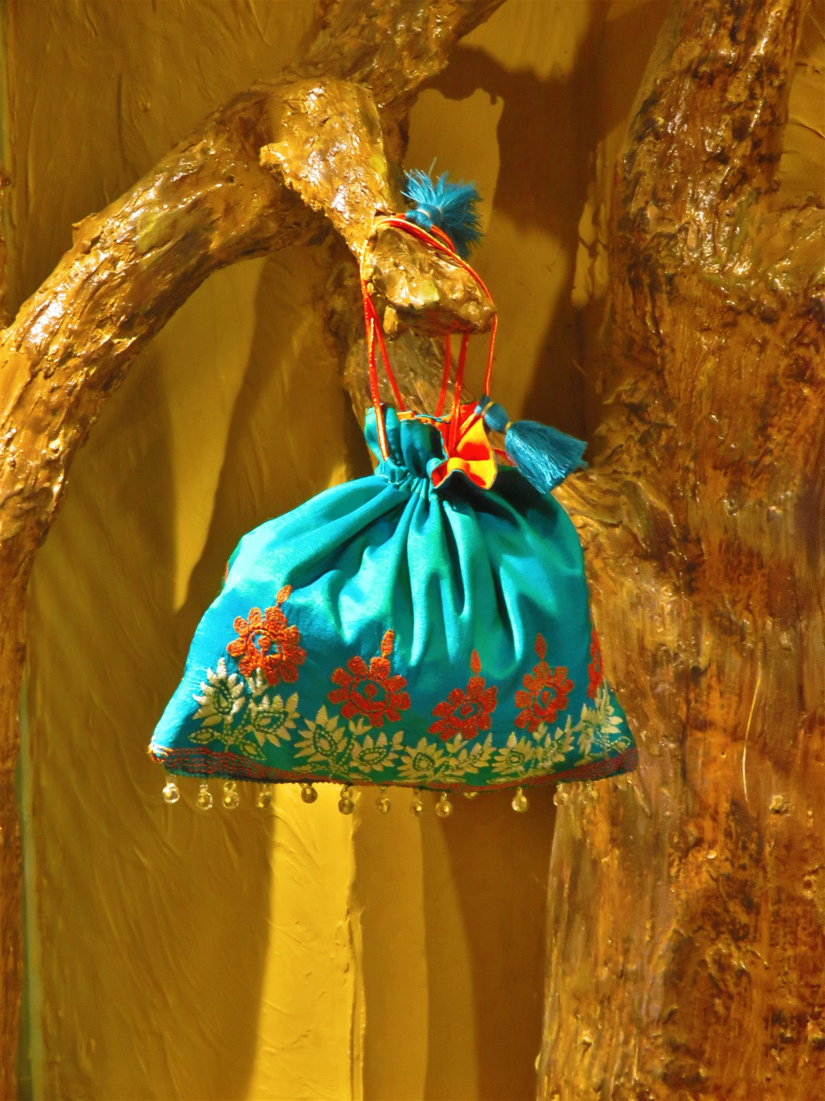 Turquoise Handcrafted Silk Kantha Embroidery Potli Batua