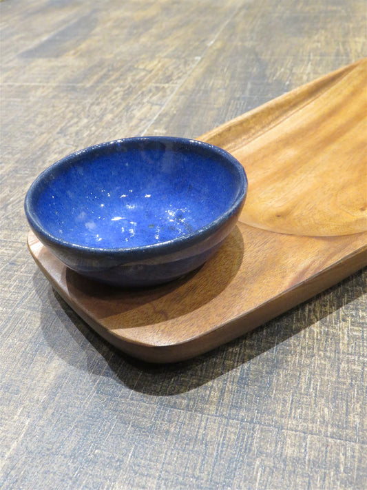 Handcrafted Wooden Serving Platter With Blue Bowl