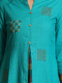 Turquoise Multicolour Checks Kali Handwoven Kurta with Hand Embroidery Butas