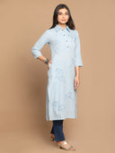 Blue Hand Embroidered Cotton Kurta