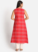 Red Checks A Line Sleeveless Kurta with Hand Embroidery Detailing