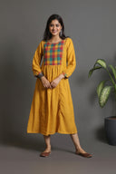 Yellow Checks Handwoven Pleated Kurta