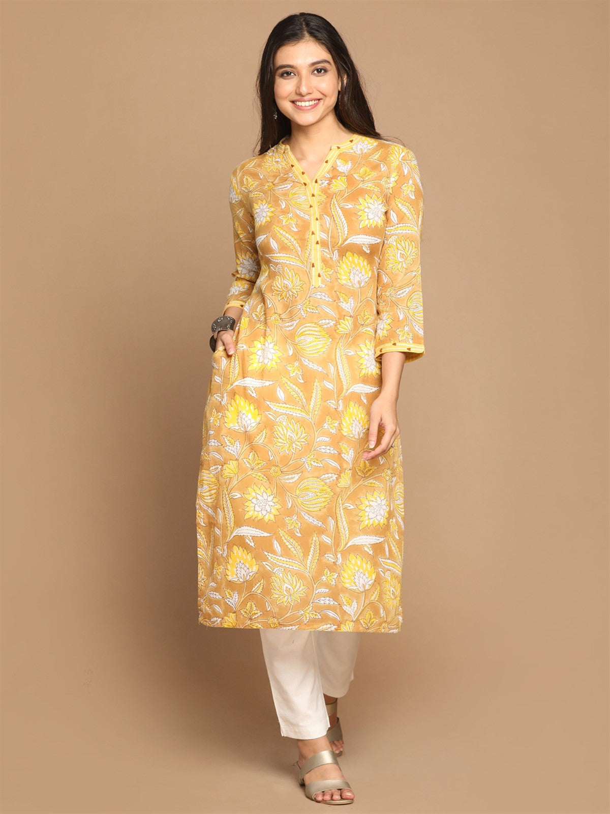 Mustard Floral Block Printed Straight Kurta With Hand Embroidery Detailing