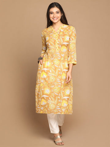 Mustard Floral Block Printed Straight Fit Kurta with Hand Embroidery Detailing