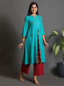 Turquoise Multicolour Checks Kali Handwoven Kurta with Hand Embroidery Butas