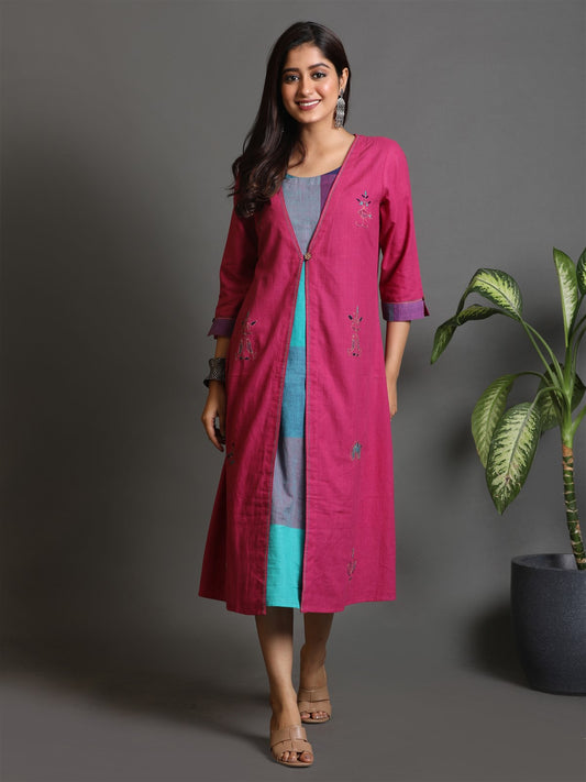 Fuchsia Khadi Kurta With Jacket Style All Over Kantha Hand Embroidery Detailing