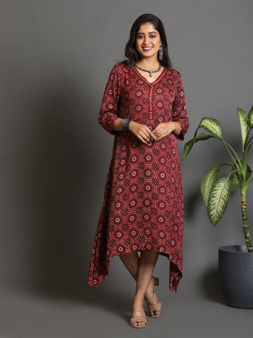 Red Ajrakh Block-Printed Modal Silk Cowl Dress