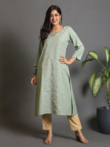 Sage-Green Front Panel Kurta With All Over Floral Hand Embroidered