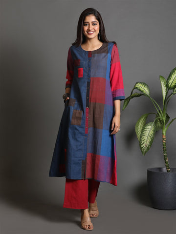 Indigo-Red Khadi Half Half Front Open Kurta With Kantha Hand Embroidery Detailing