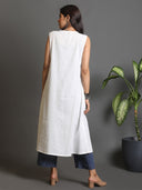 White Sleeveless Long Floral Kantha Kurta