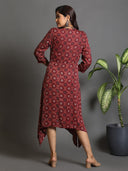 Red Ajrakh Block-Printed Modal Silk Cowl Dress