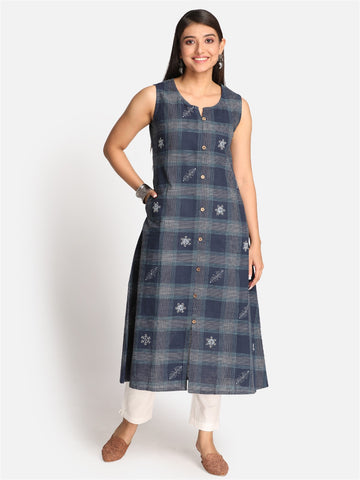 Indigo Checks A Line Sleeveless Dress With All Over Embroidery