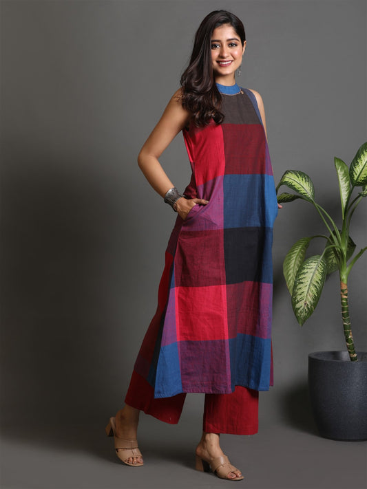 Red-Blue Handwoven Halter-Neck Long Dress With Kantha Hand Embroidery Detailing On Neck